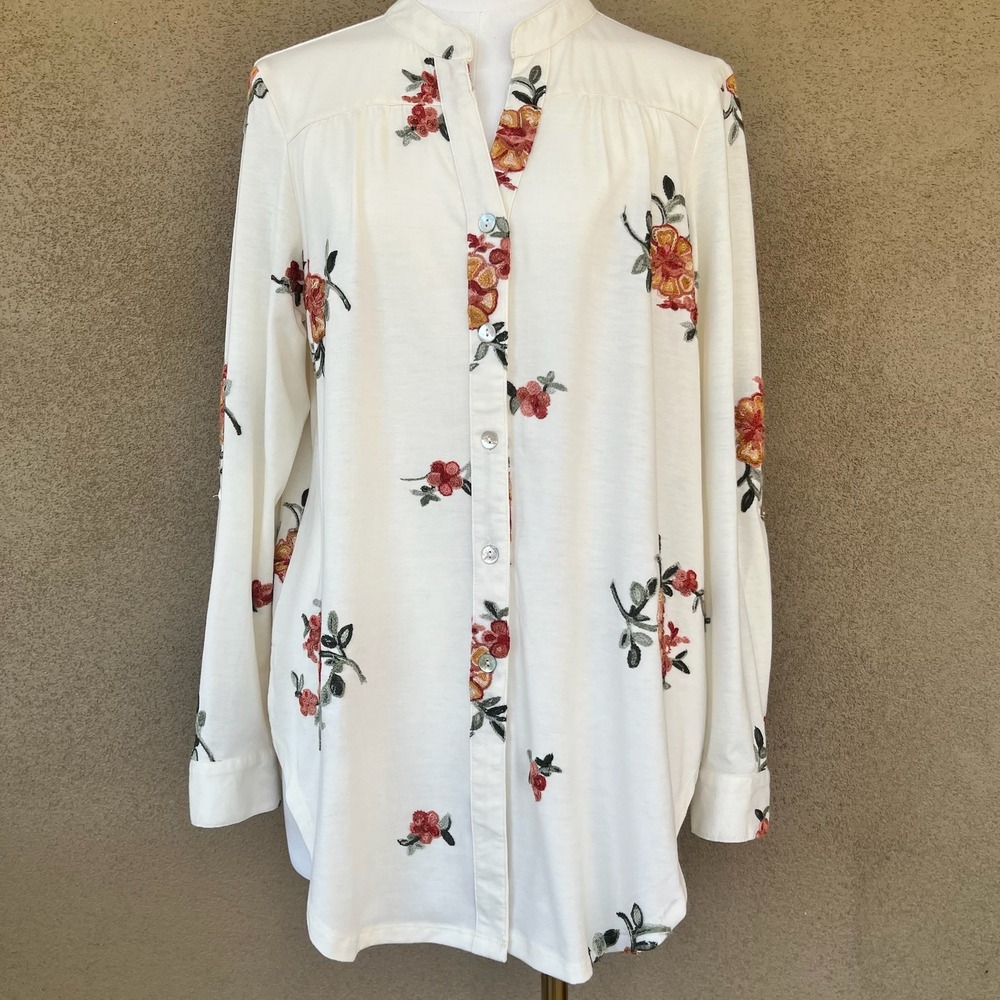 Hope Springs Cream Floral Embroidered Button Down Tunic Blouse Fall Long Sleeve